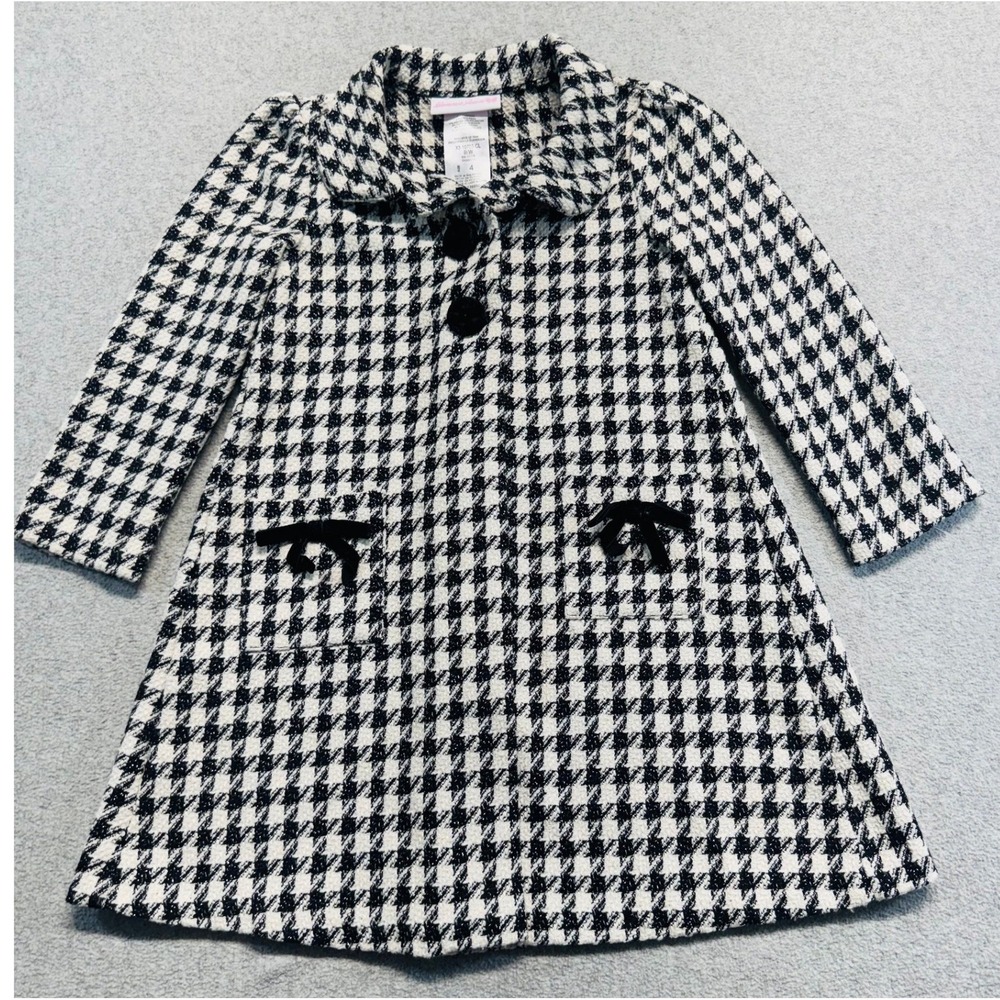 Bonnie Jean Coat Girls 4 Black White Houndstooth Dress Coat Velvet Bows Party